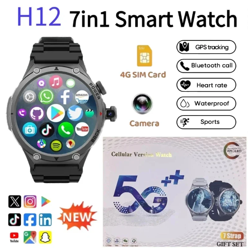H12 Smartwatch 4G LTE Smart Watch with WiFi SIM 1.6 Inch AMOLED Display Rotating Cameras Video Call GPS Play Store App Download