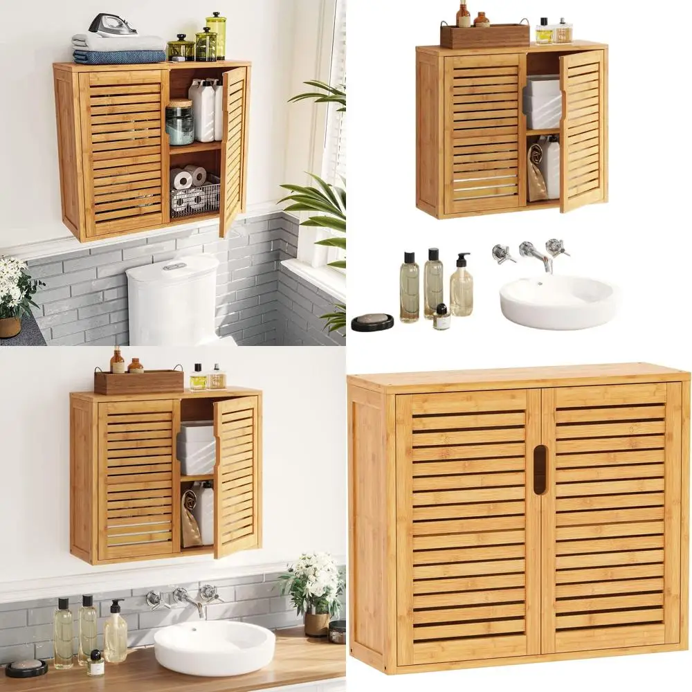 

Настенный бамбуковый шкаф для ванной комнаты с регулируемыми полками и двойными дверцами, для хранения над унитазом, 23.2Д x 8.1Ш x 20.4В (дюймы)