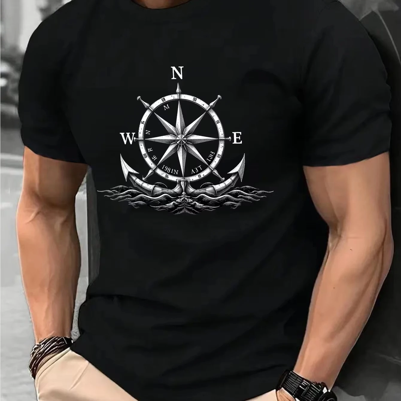 Men Nautical Compass Ship Wheel Graphic T-Shirt - White Maritime Tee Breathable Knit Fabric for Casual Formal Outfits