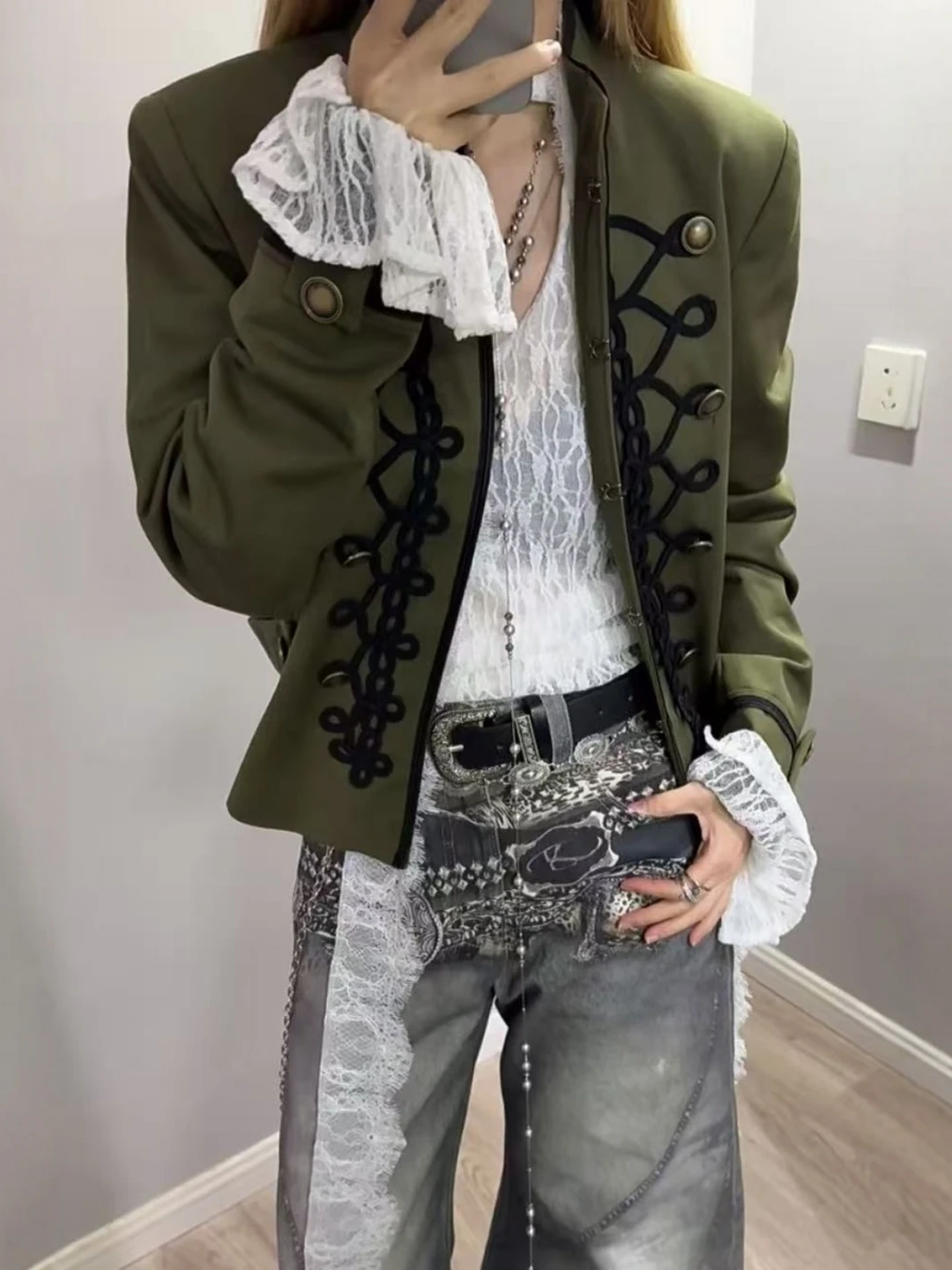 American Retro Knot Decorated National Style Pad Shoulder Rope Buckle Suit Jacket Women's Loose Fit Long Sleeve Outerwear