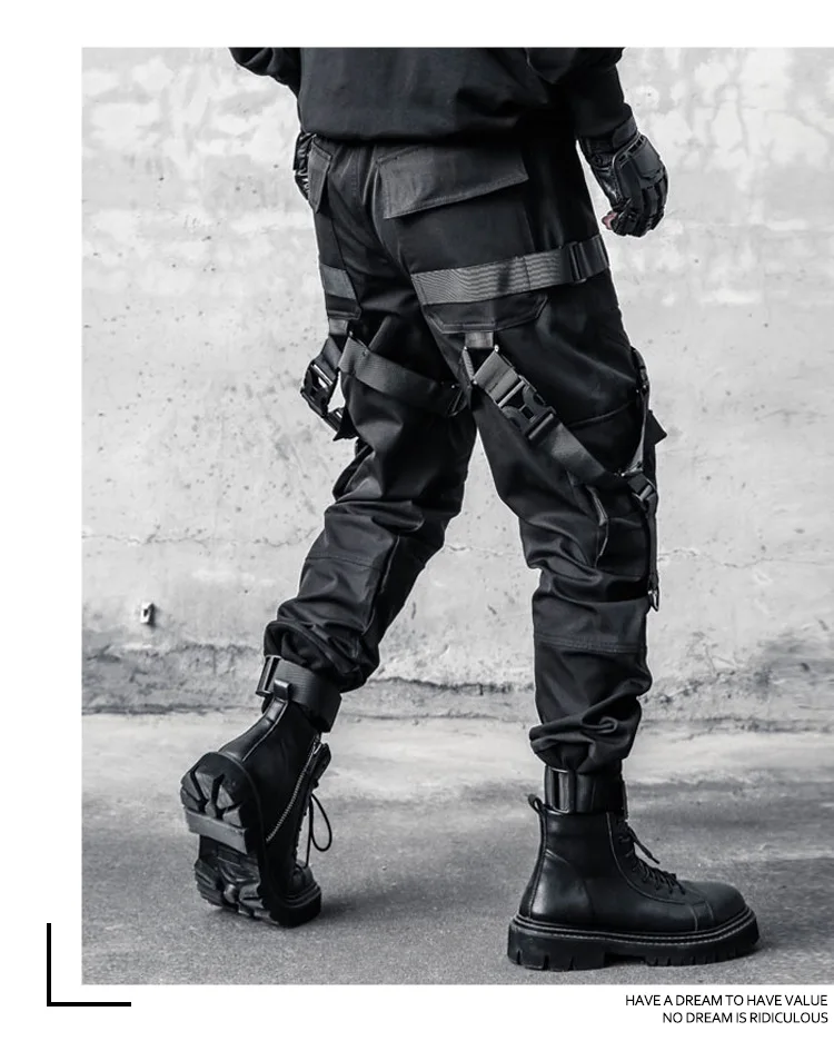 Hip Hop Punk Cargo Pants Man Multi Ribbons Decorative Techwear Pants High Street Tactical Casual Trousers