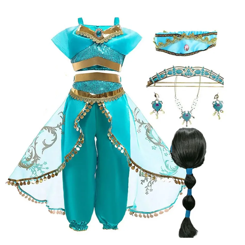 Girls Jasmine Costume Aladdin Lamp Girls Birthday Party Cosplay Princess Dress Children Carnival Clothes Kids Summer Dresses