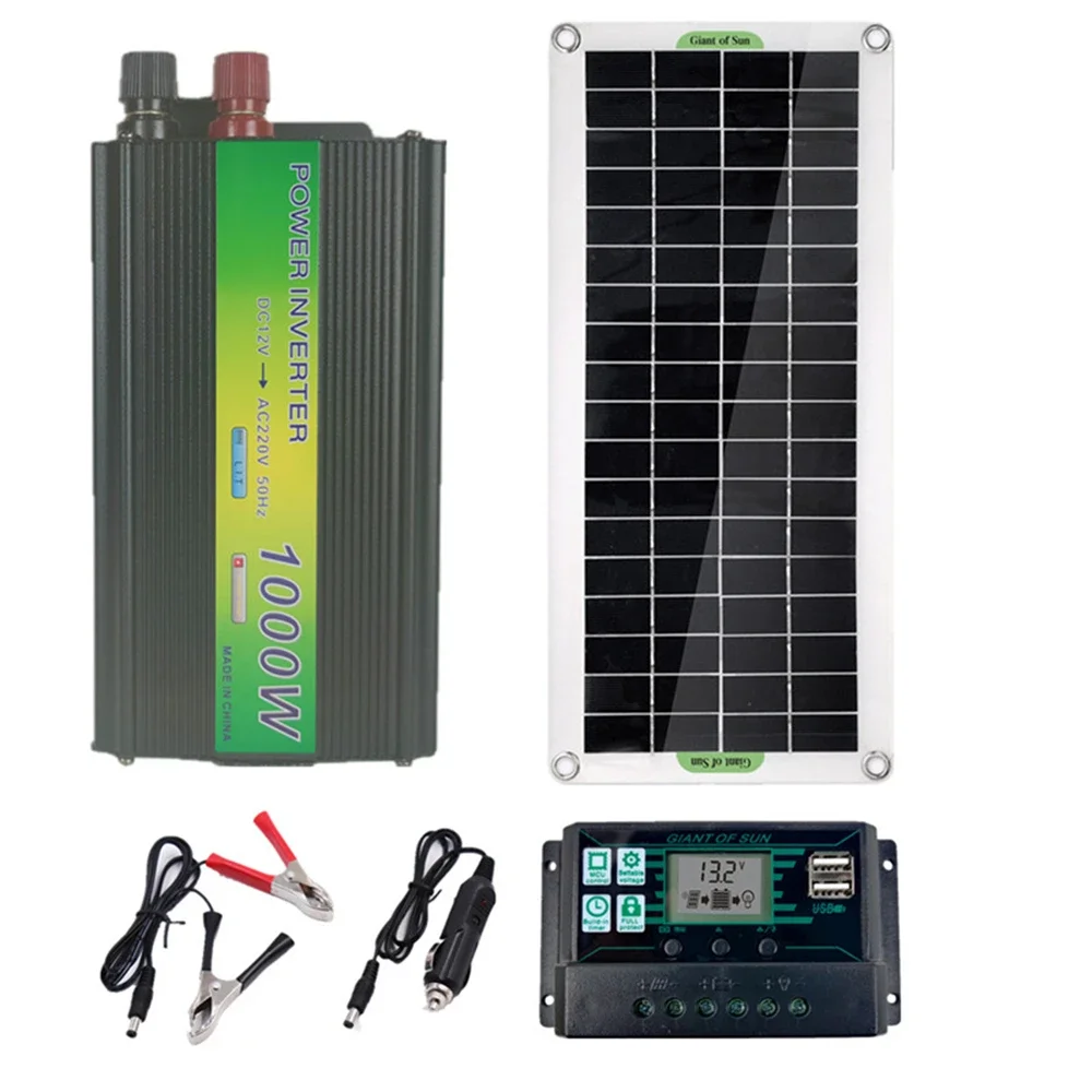 1000W Solar Panel Kit Solar Inverter System Complete with Controller 12V Solar Power Battery Charge Set for Home Car Camping