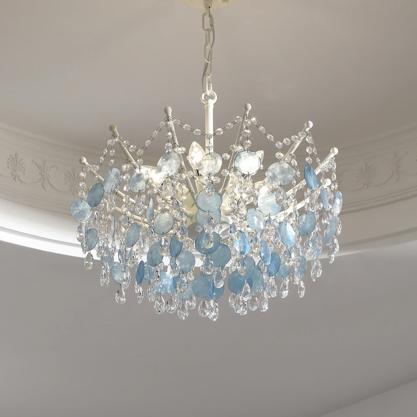 Nordic Romantic Blue Shell Crystal Pendant Chandelier, Modern Light Luxury Ceiling Lamp for Wedding Bedroom Decor