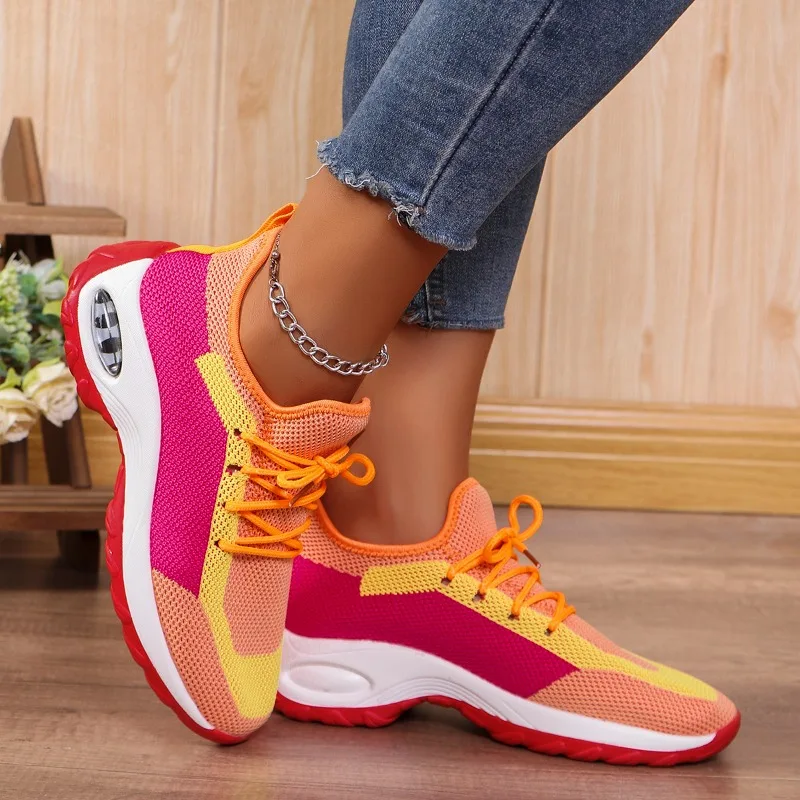 Spring Women's Single Shoe Air Cushion Sports Color Blocking Walking Running Fashion Fly Woven Mesh Breathable Women's Shoes