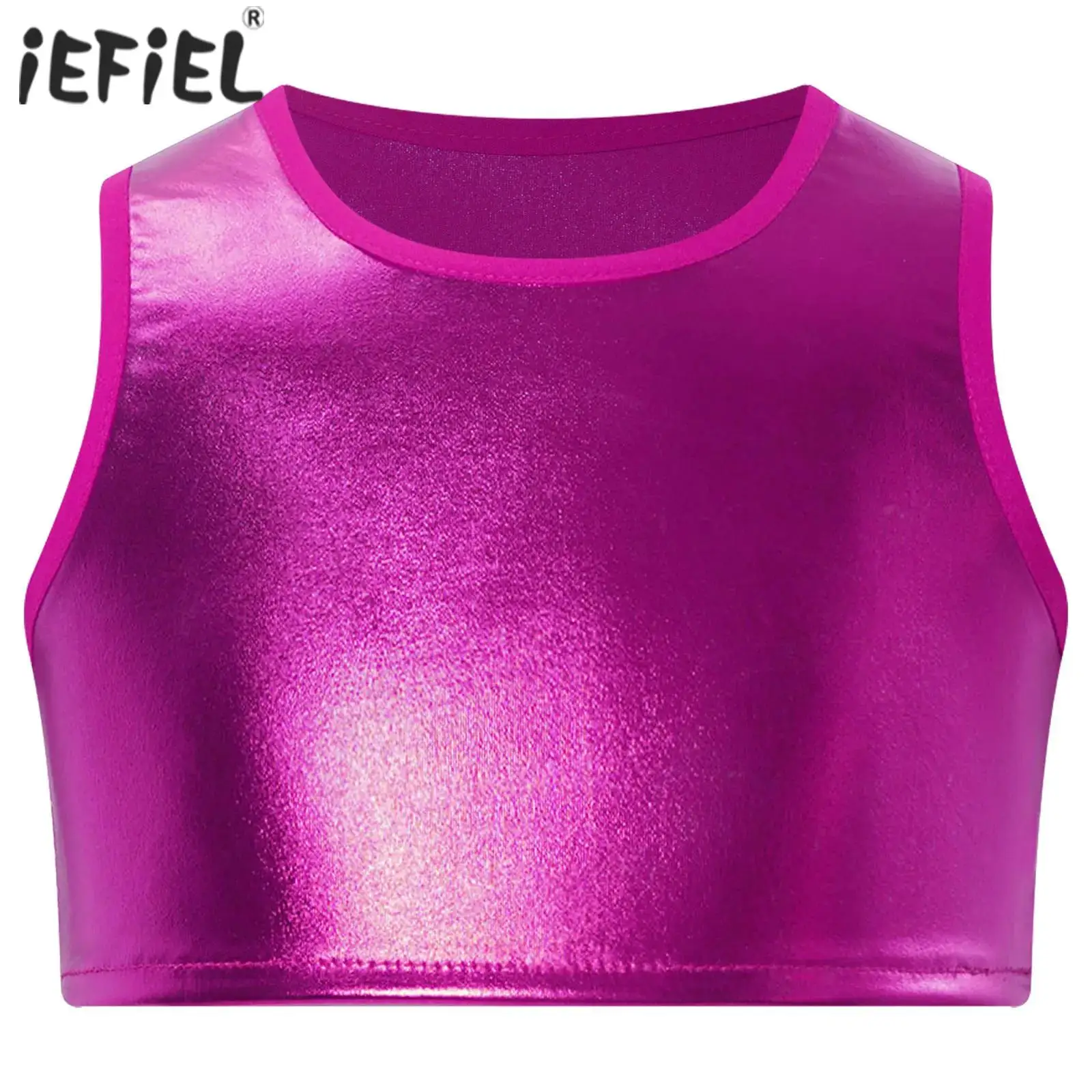 Kids Girls Metallic Dance Tops Round Neck Sleeveless Crop Top Stage Performance Vest for Ballet Gymnastics Workout Dancewear