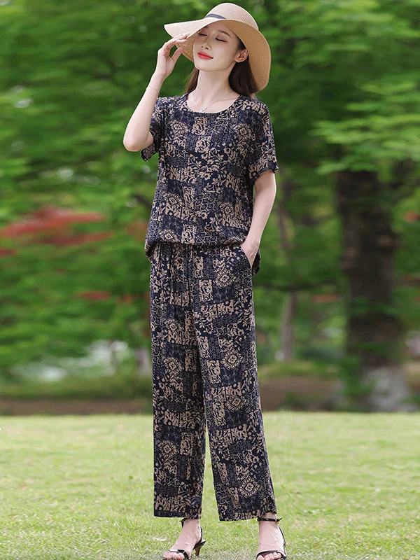 

Ladies Artificial Cotton Summer Thin Fashionable Outerwear Mom Pure Cotton Silk Short Sleeve Two-piece Set Casual Loose Fit