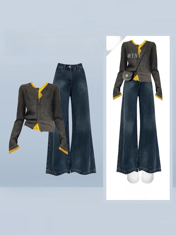 

Large Size Winter New Lazy Casual Patchwork Knitted Cardigan Sweater Jeans Two-Piece Set Short Sleeve round Neck Commute Style