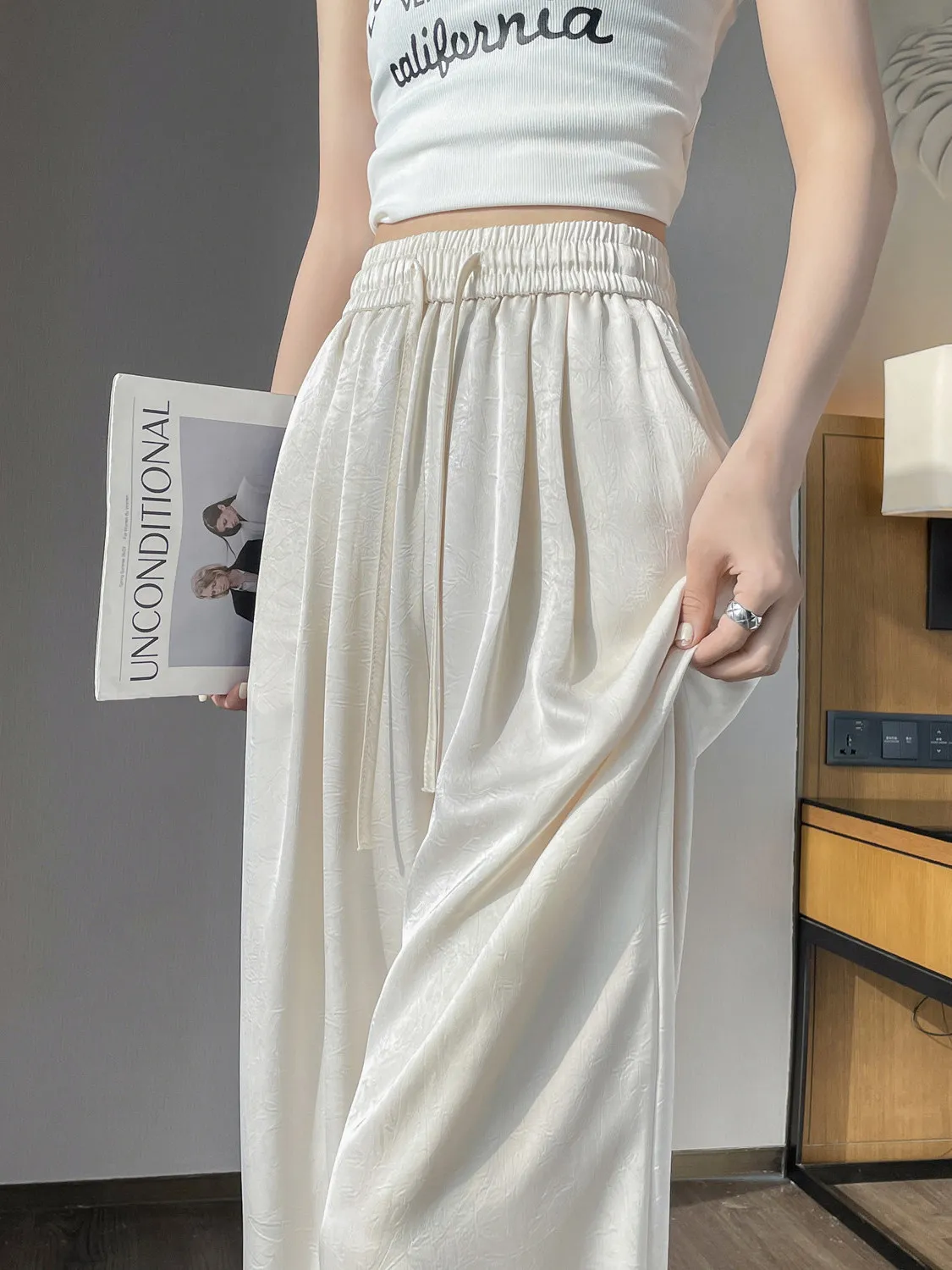 

Женские летние тонкие брюки Ice Silk Tka с высокой талией и широкими штанинами, вышитые, из ацетата, повседневные, солнцезащитные, прохладные, в корейском стиле