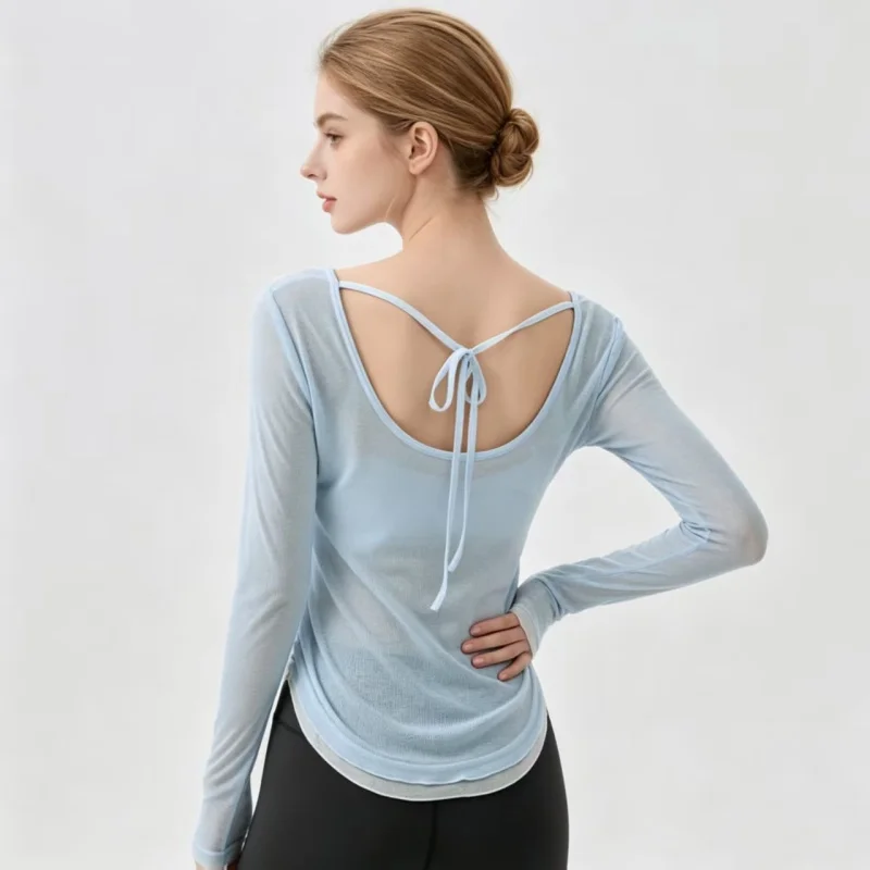 Women Yoga Long Sleeve Cover Up Tee Color Contrast U‑Tie Beauty Back Breathable Quick‑Dry Gym Pilates Fitness Workout Sports Top