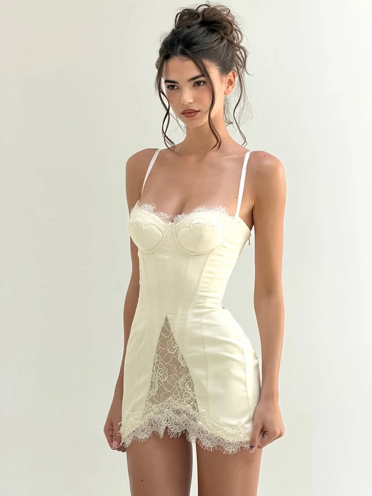 Weird Puss Spitzenkleid für Damen, tief ausgeschnittenes, unregelmäßiges Saumdesign, ärmellos, figurbetont, mit dekorativen Fischgräten, sexy, für Mitternachtspartys, Mini-Bodycon-Kleid – Detail 18