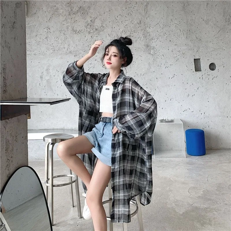 150KG Plus Size Women's Dress Summertime MIDI Style Plaid Casual Shirt Pupil Thin Sun Protection Clothing Blouse  Shirt