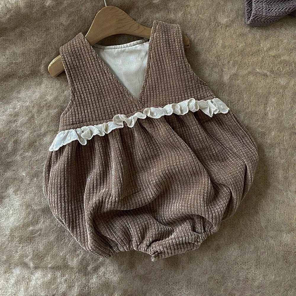 

Ruffles Lace Baby Girls Waffle Vest Romper Summer Autumn 0-24Months New Born Infant Sleeveless Bodysuit Kids Jumpsuit Clothes