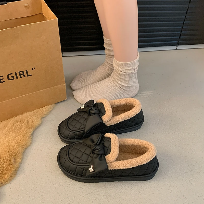 Sepatu sandal kasual wanita, musim dingin sepatu loafer wanita bulu musim gugur kasual Wanita Slip-on Bow-Knot jatuh Moccasin Slip On kupu-kupu baru simpul kupu-kupu