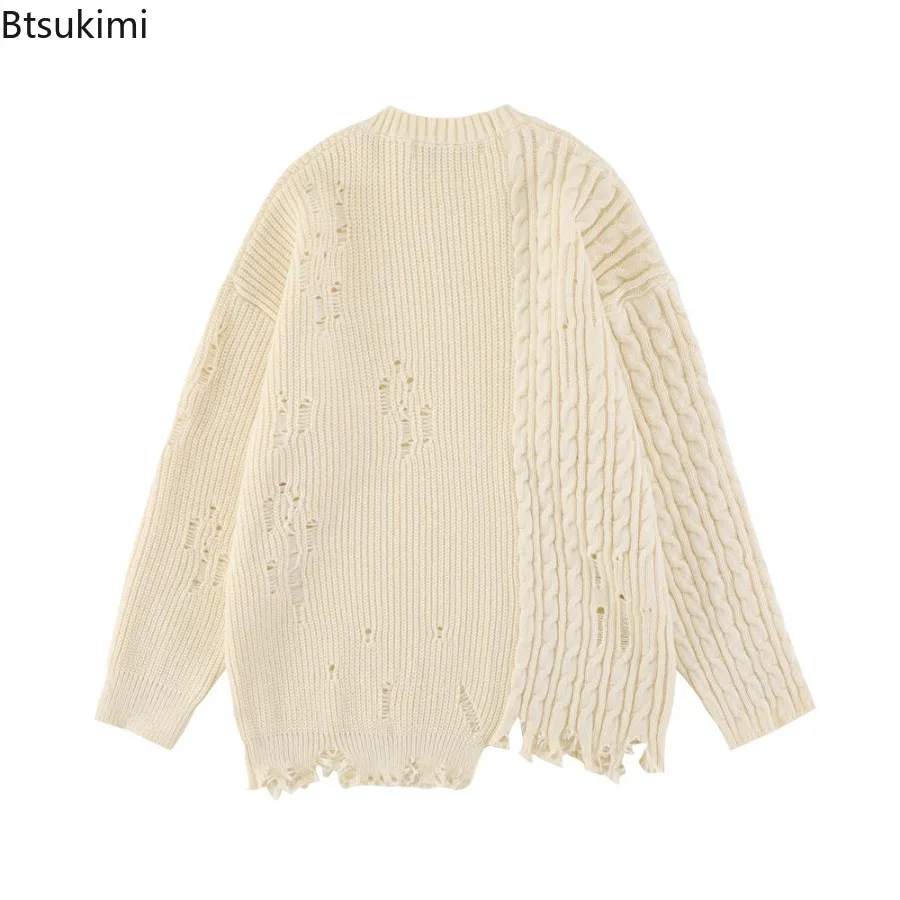 2025 Men's Fried Dough Twists Knitted Crochet Perforated Solid Pullover Sweater Autumn Fashion Hip Hop Loose Knit Tops for Men