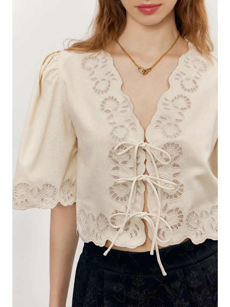 New 2024 Summer Women Hollow Lace Shirt Top Blouse V-Neck Solid Elegant High Street Sweet Girl Design Trendy Stylish Casual SA