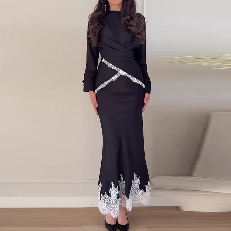 Satin Slim Fit Women's Two Piece Set New 2026 Lace Patchwork Casual Suit O-neck Long Sleeved Top + Skirt Commuting Outfit