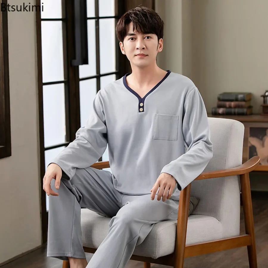 2024 Spring New Men\'s Long Sleeve Trousers Sleepwear Sets Fashion Patchwork Comfort Cotton Homewear Men Lounge Pajama Two Pieces