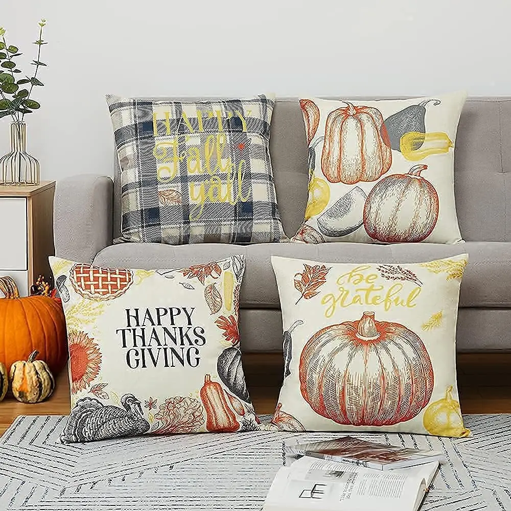 Fall Pillow Covers 18x18 Inch Set of 4 Farmhouse Happy Fall Yall Pumpkin Pillow Covers for Couch Pillows Fall Decorations