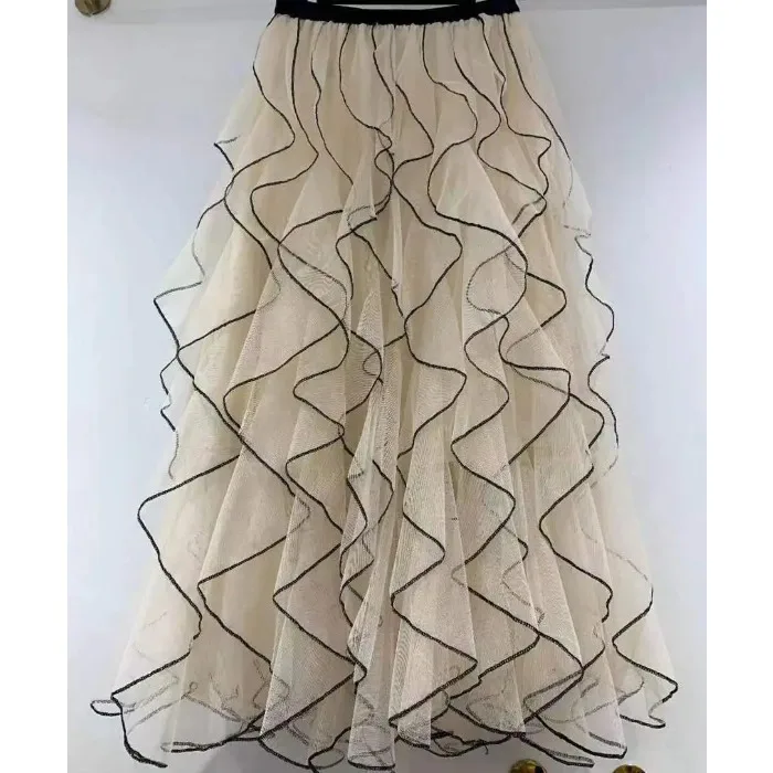 

Elegant Skirt for Women Wave Pattern Fairy Mesh Ruffle High Waist A-Line Large Swing Long Skirt Half Body Skirts Ropa Para Mujer