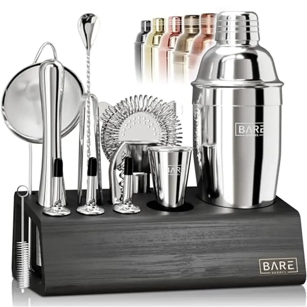 

Mixology Bartender Kit 14-Piece Cocktail Shaker Bar Set Bamboo Organizer Holder Gift Set Recipe Cards Home Bartending Kit