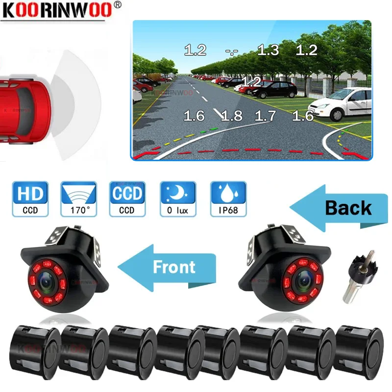 

Koorinwoo Car Dynamic Trajectory Parktronic Rear view camera Car Parking Sensors 8 Alert 4 Front Cam Blind Car-Styling System