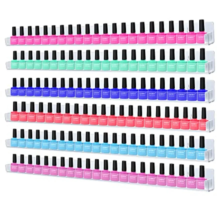 

24in Nail Polish Rack Wall Mounted Shelf with Removable Anti-Slip End Inserts, 6 Pack Clear Acrylic Nail Polish Organizer Wall
