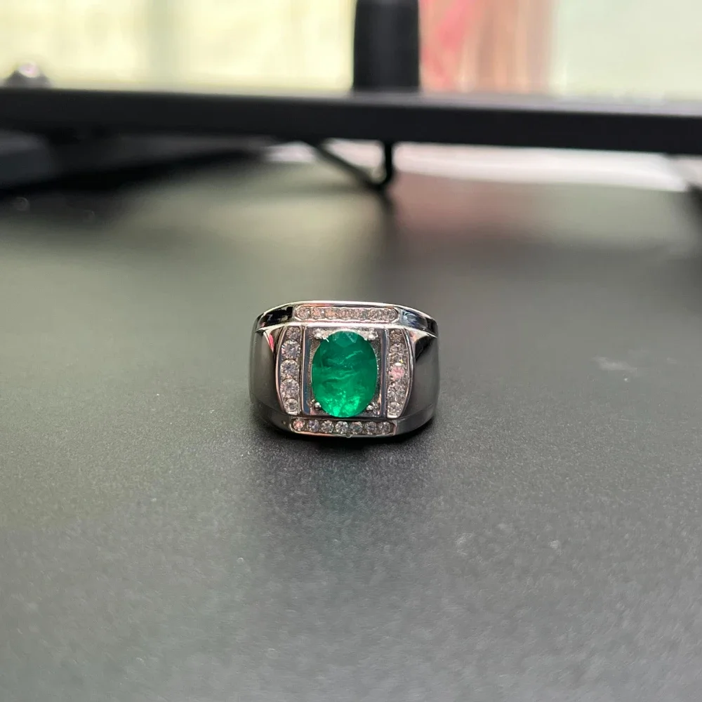 Anillo de plata de lujo con piedras preciosas para hombre, sortija de Color esmeralda de 7mm x 9mm, joyería de plata 925 sólida para fiesta