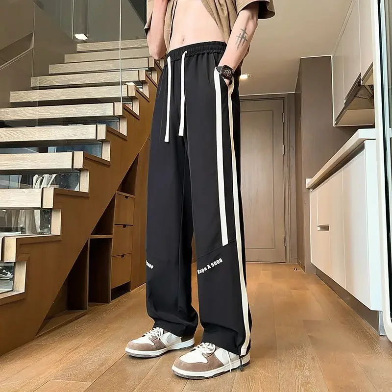 

Pop Male Cool Ice Silk Straight Striped Men's L Pants Black Cooling Aesthetic Original Clothing Long Low Price Stylish