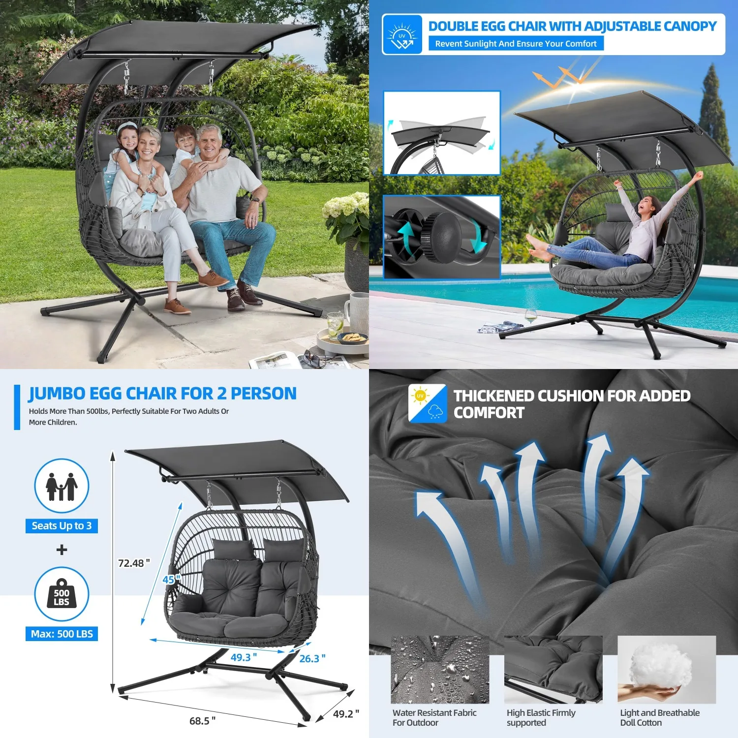 

Oversized Double Egg Chair with Adjustable Canopy Cushion Hanging Swing Loveseat for Patio Balcony Garden Outdoor, Customized