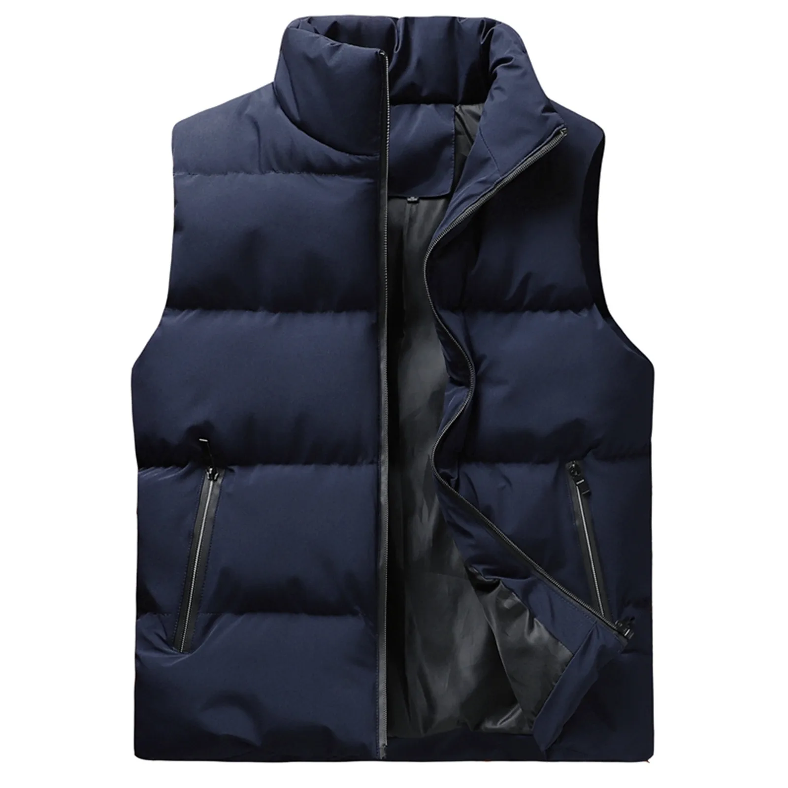 Men's Autumn and Winter Vest Jacket Pure Colour Zip Pocket Warm Thickened Vest Lightweight Sleeveless Collar Fashion Vest Jacket