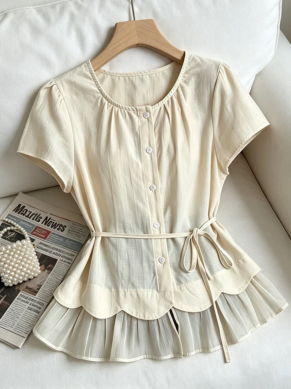 

plus Size Women's Shirt with Belted Waist Short Sleeve Chiffon Patchwork Top Conceals Belly Korean Style Commute Fashion