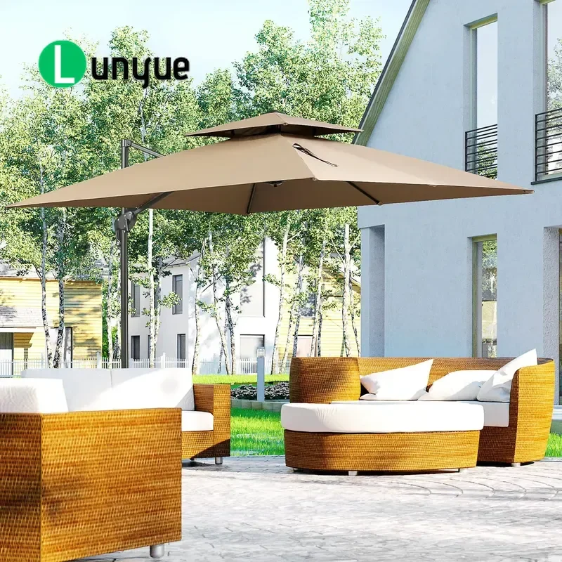 10ft Offset Patio Umbrella Double Top Aluminum Cantilever 360 Degree Rotation 8 Degree Tilt Heavy Duty Base for Outdoor