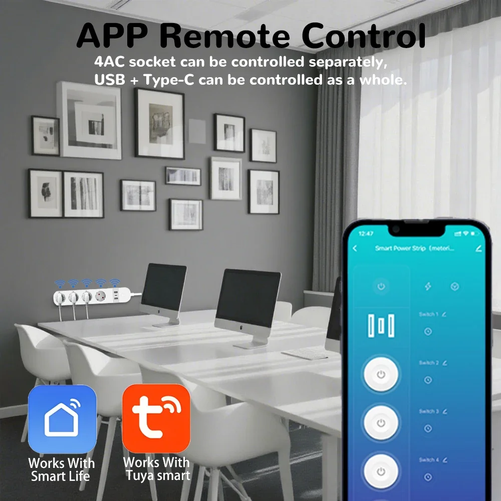 BORUIDAPLS FR Plug WiFi Smart Power Strip z USB i Type-C Voice/App/Timer Control Monitoring Energy 3 AC dla Alexa/Google Home