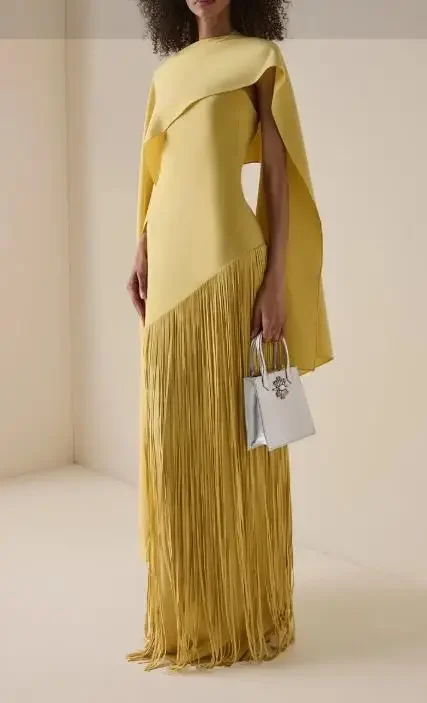 Dresses Women Cape Sleeve Vintage Slim Party Dress Temperament Autumn New Fashion Women's Tassel Decor High Waist Evening Dress view 2