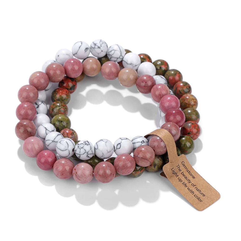 Women Bracelets 3Pcs/Set Natural Stone Unakites Howlites Rhodochrosites Beaded Bracelets Men Fashion Jewelry Bracelets Wholesale