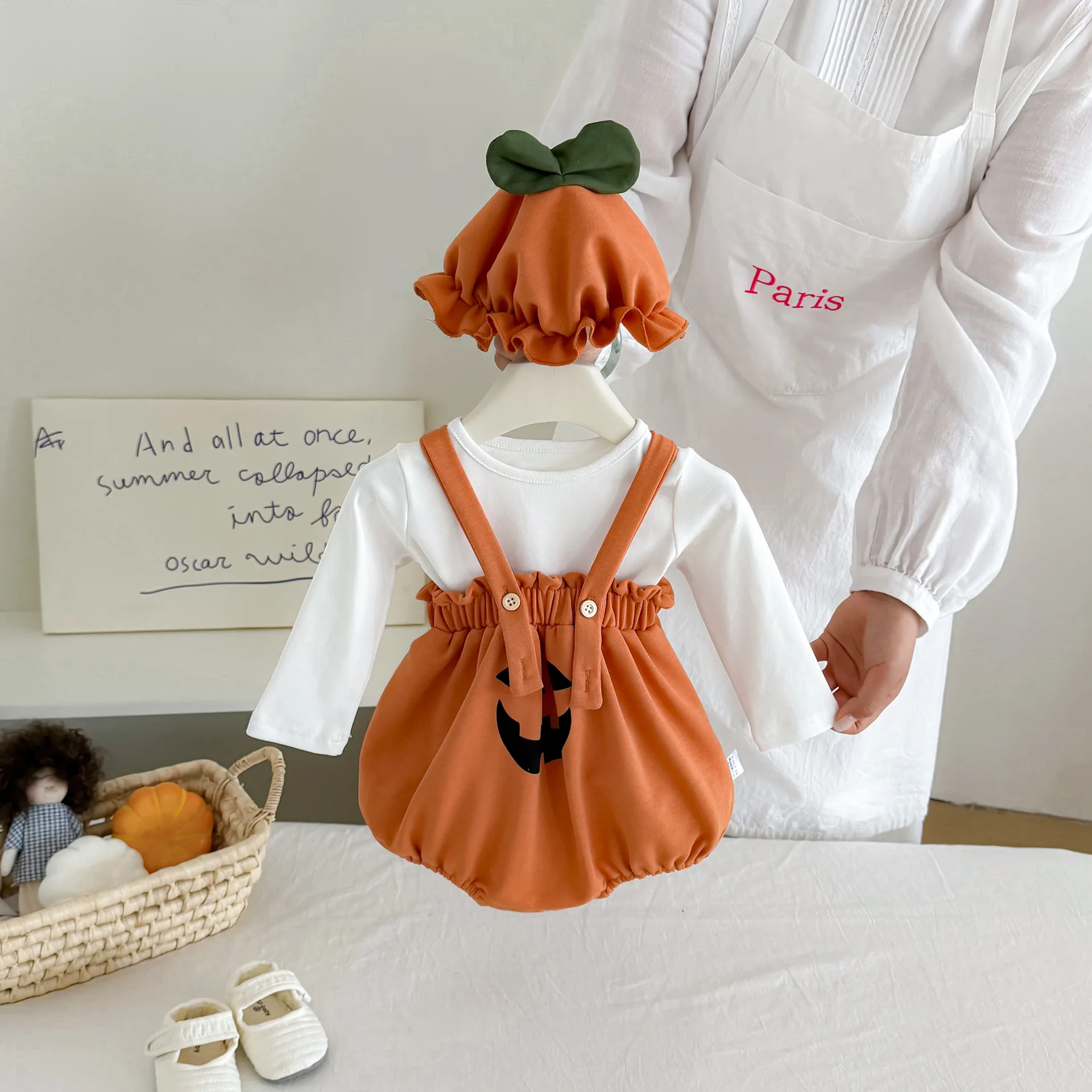 Halloween Costume Baby Romper Cute Pumpkin Bodysuit Suspender Jumpsuit with Hat 0-24M Infant Clothes Newborn Photoshoot Outfits