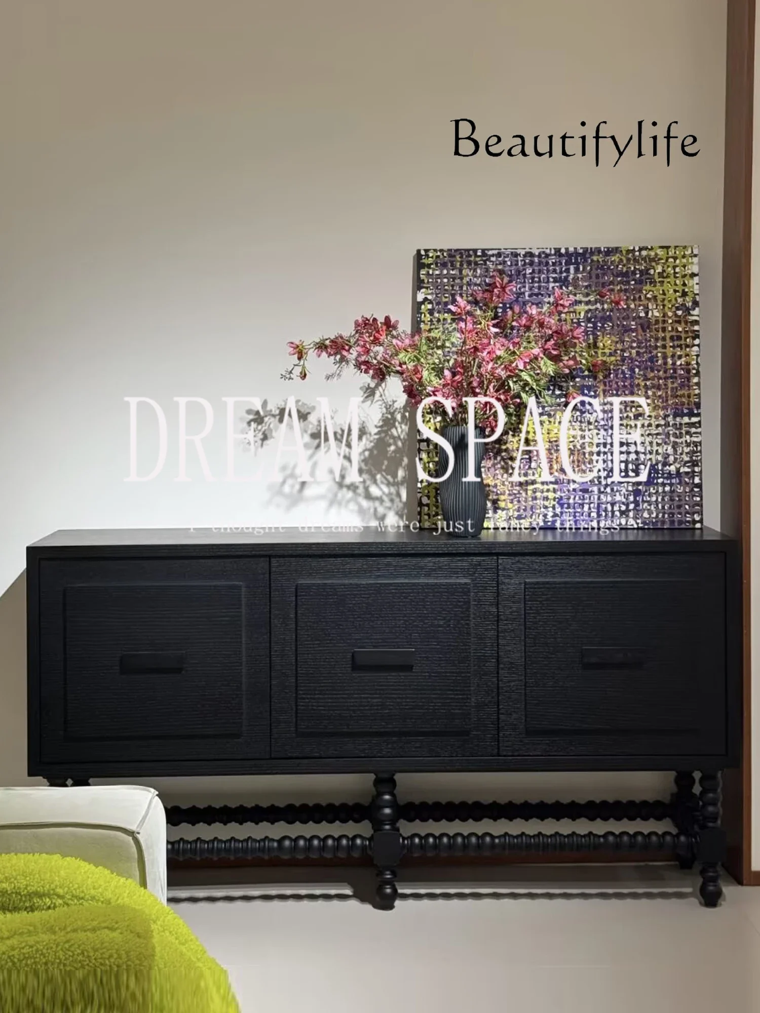 

BX French Medieval Solid Wood Black Dining Side Cabinet Retro Carved 3 Door Locker Home Designer