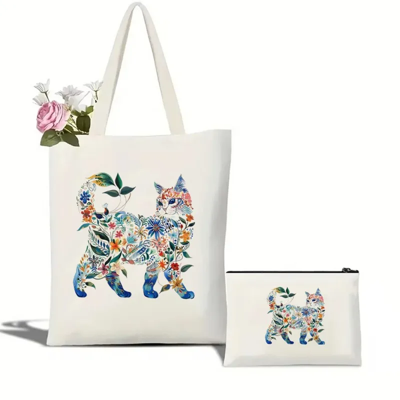 

Watercolor Cat Print Canvas Tote Bags Shoulder Handbag Girl Handbags Large Shopping Bag Books Female Cosmetic Bag