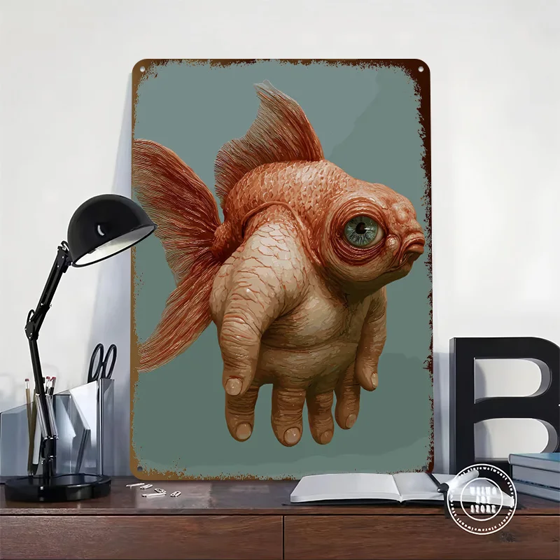 Surreal Fish-Hand Hybrid Creature Printed Poster Customized Retro Wall Art Vintage Metal Tin Signs for Home Decoration Gaming