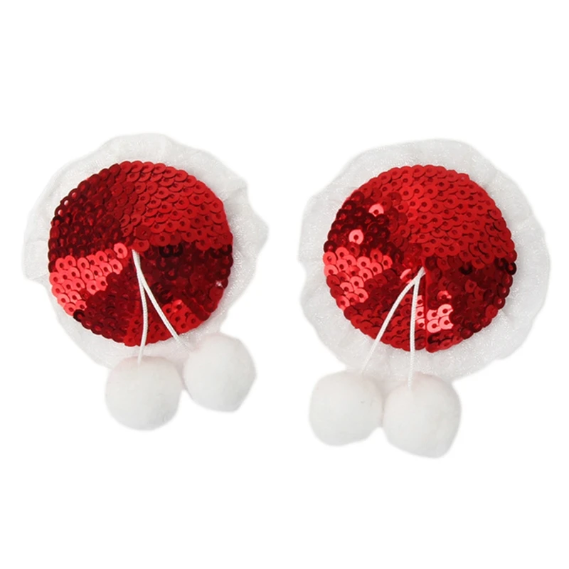 Christmas Sexy Nipple Cover Shiny Metallic Sequins Lace Trim Breast Chest Stickers with Plush Ball Bow Self-Adhesive Bra Pasties