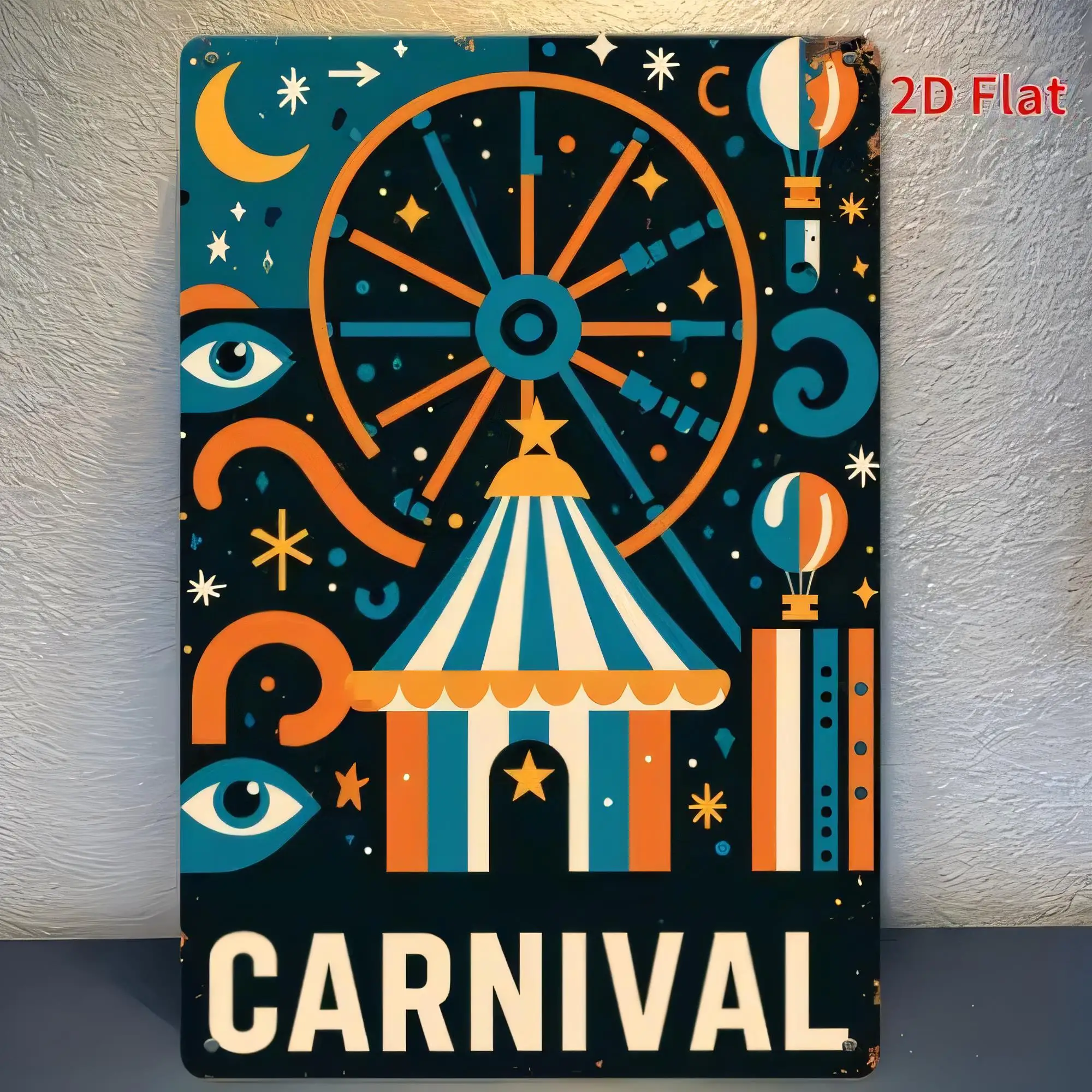 Tin Sign Carnival 2D Flat Retro Style Big Top Circus Theme Metal Wall Decor Poster, Moon Stars Tent Lights Pattern, Vintage Indo