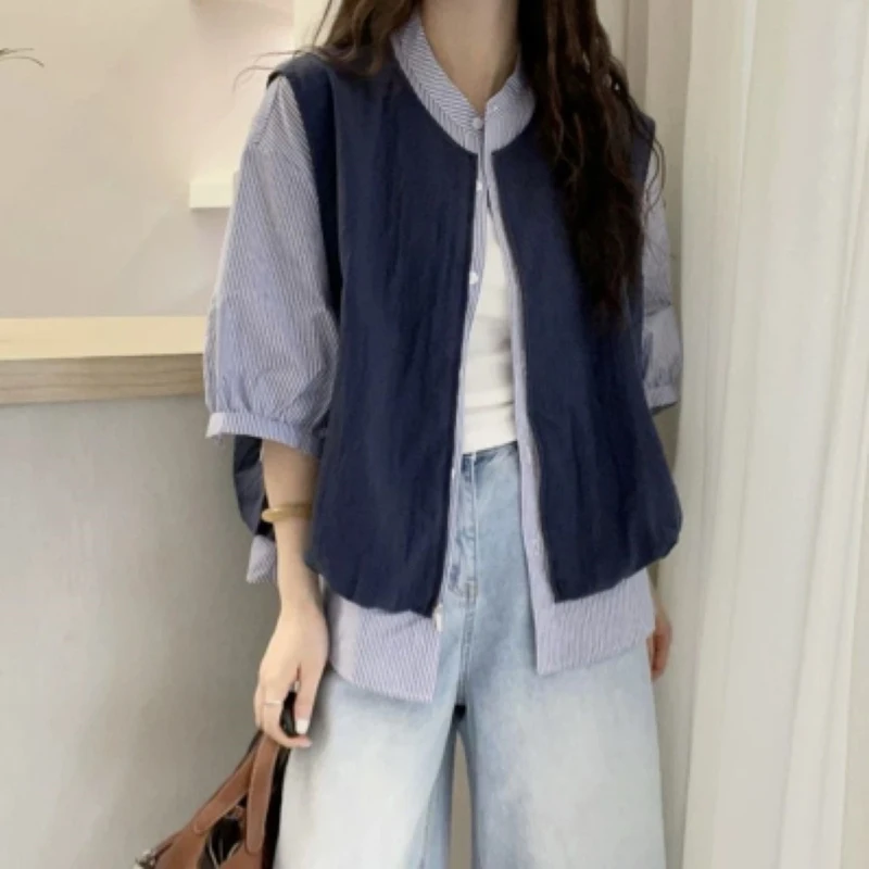 

Navy Striped Hybrid Shirt Jacket Women Summer Fake 2PCS Single-Button Drop-Shoulder Sun-protective Vintage Patchwork Casual Top