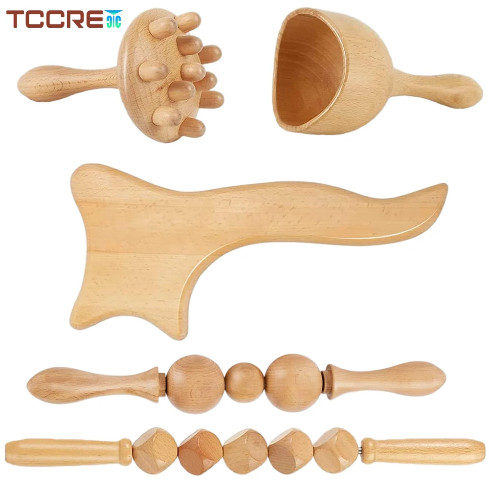 5PCS Professional Wooden Massage Roller Stick Wood Therapy Tools for Body Shaping, Lymphatic Drainage Massager, Body Sculpting