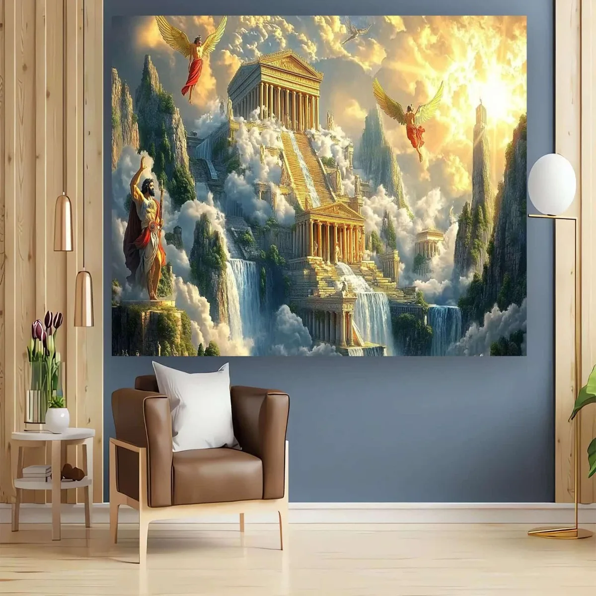 Epic Greek Mythology Tapestry Classical Temple Architecture Waterfall Wall Art Gods Angels Roman Style Luxury Home Decor 180x280