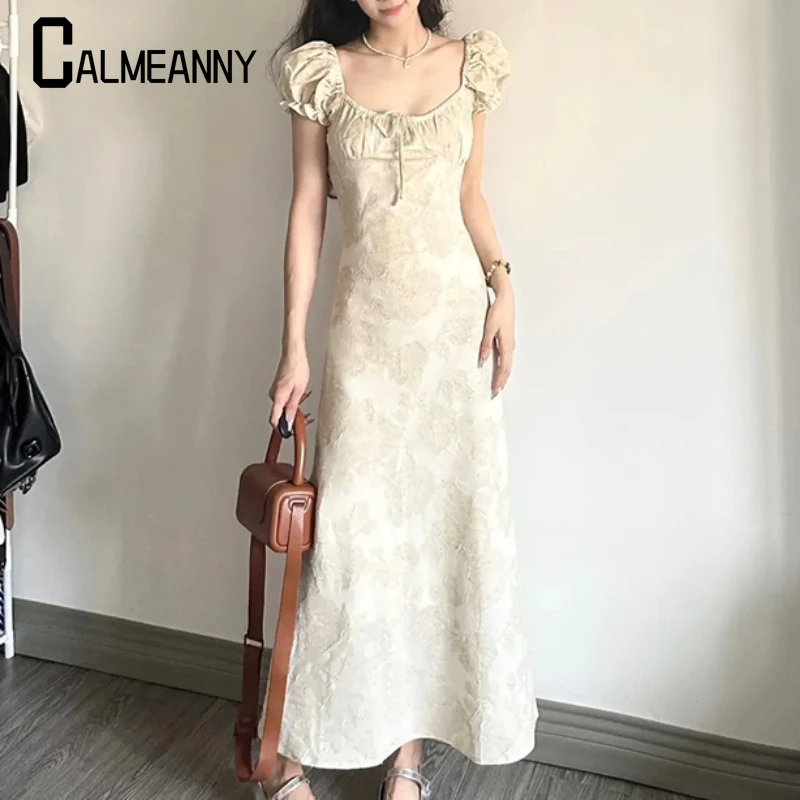 Vintage Square Collar Lace-up Package Hip Dress 2024 Summer New Style Elegant Short Sleeve Women Slim Bodycon Printed Dress