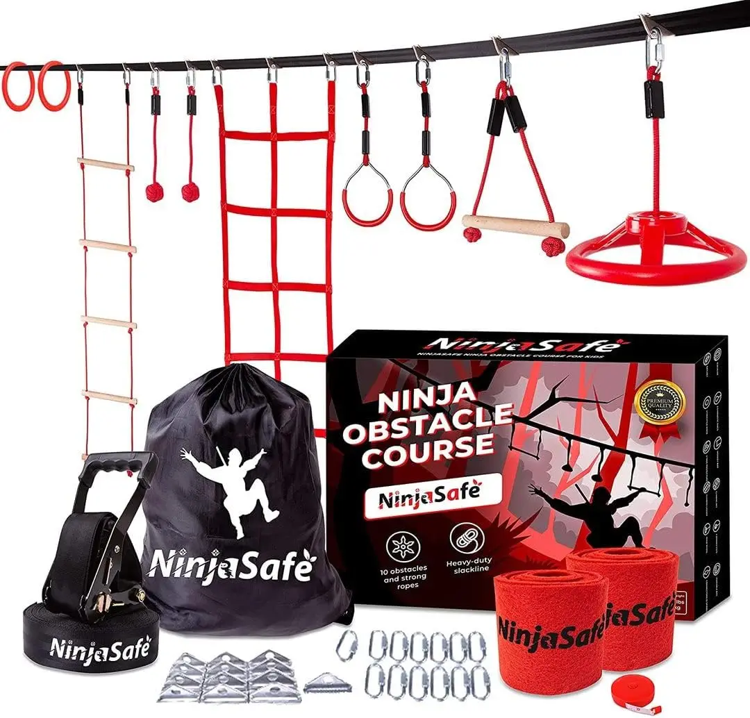 Ninja Obstacle Course for Kids Backyard - 10 Durable Obstacles and 50'  Outdoor Warrior Obstacle Playset Equipment for Girls & B