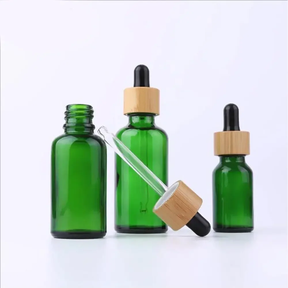 264pcs 50ml 5/15/30/100ml Green Blue Black Clear Amber Glass Dropper Bottles Eye Pipette Wood BamBoo lid Essential Oils