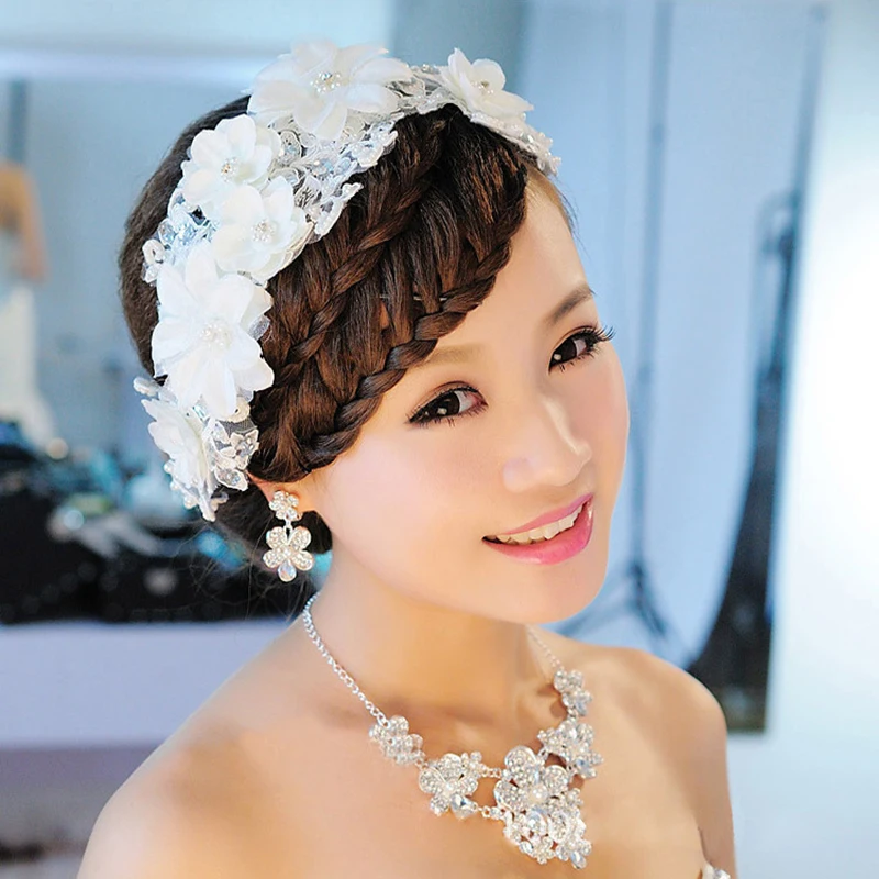 Fashion Wedding Hair Accessories Pearl Haedbands for Bride White Lace Crystal Tiara Floral Elegant Bridal Hair Jewelry