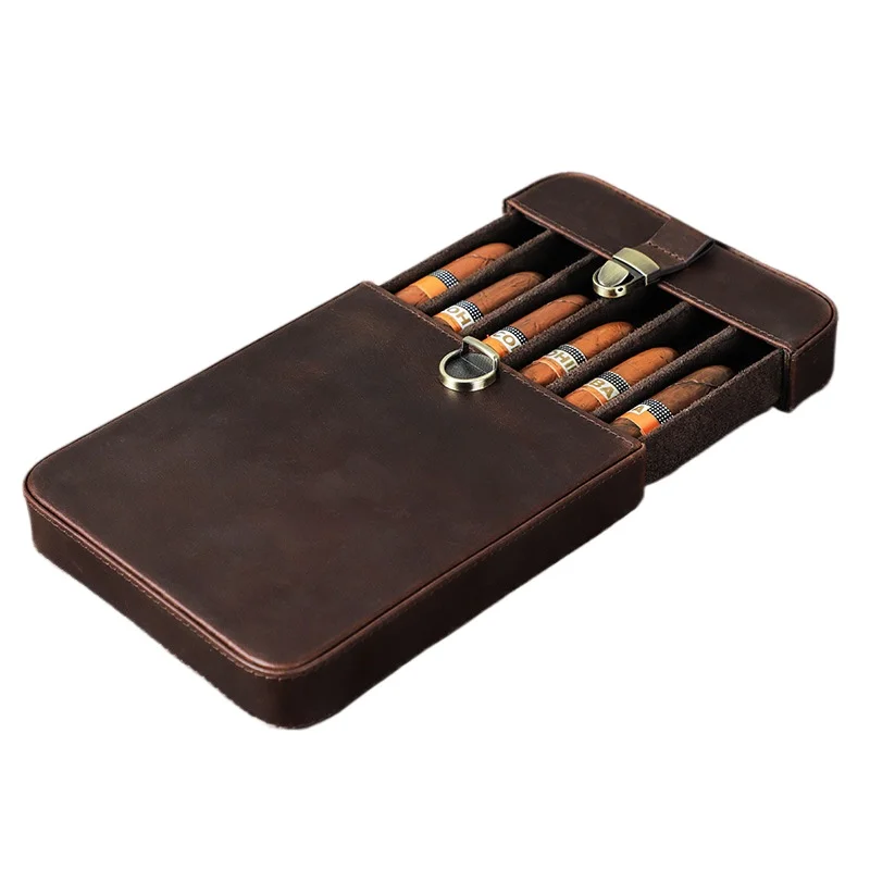 Luxury Genuine Leather Portable Cigar Case Holster Travel Humidor 6 Holder Cigar Storage Bag Outdoor Vintage Cowhide
